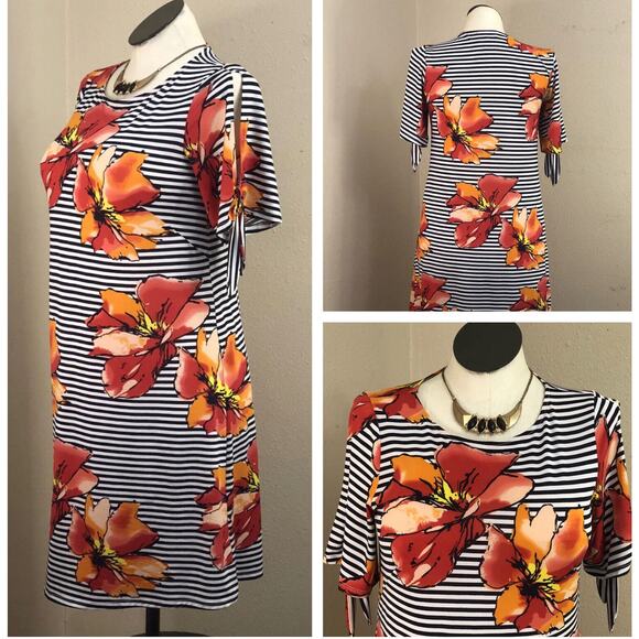 Perceptions Boho Dress Womens 8 Black Floral/Stripe Stretch Lightweight 3/4 SLV - Picture 4 of 10